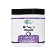A jar of SBI Protect Powder by Ortho Molecular Products on a black background.