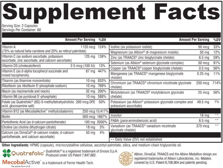 This high-quality, hypoallergenic, multivitamin/mineral blend includes activated vitamins; folate as Quatrefolic® (5-MTHF) for optimal utilization; and patented Albion TRAACS® chelated mineral complexes in vegetariancapsules. The comprehensive nutrient profile in Multivitamin without Iron supports foundational wellness;  antioxidant activity with vitamins C and E, selenium, and beta-carotene; and phase I detoxification.*