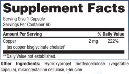 A label for OHP Health's Copper (glycinate) supplement | 2mg 60 capsules.