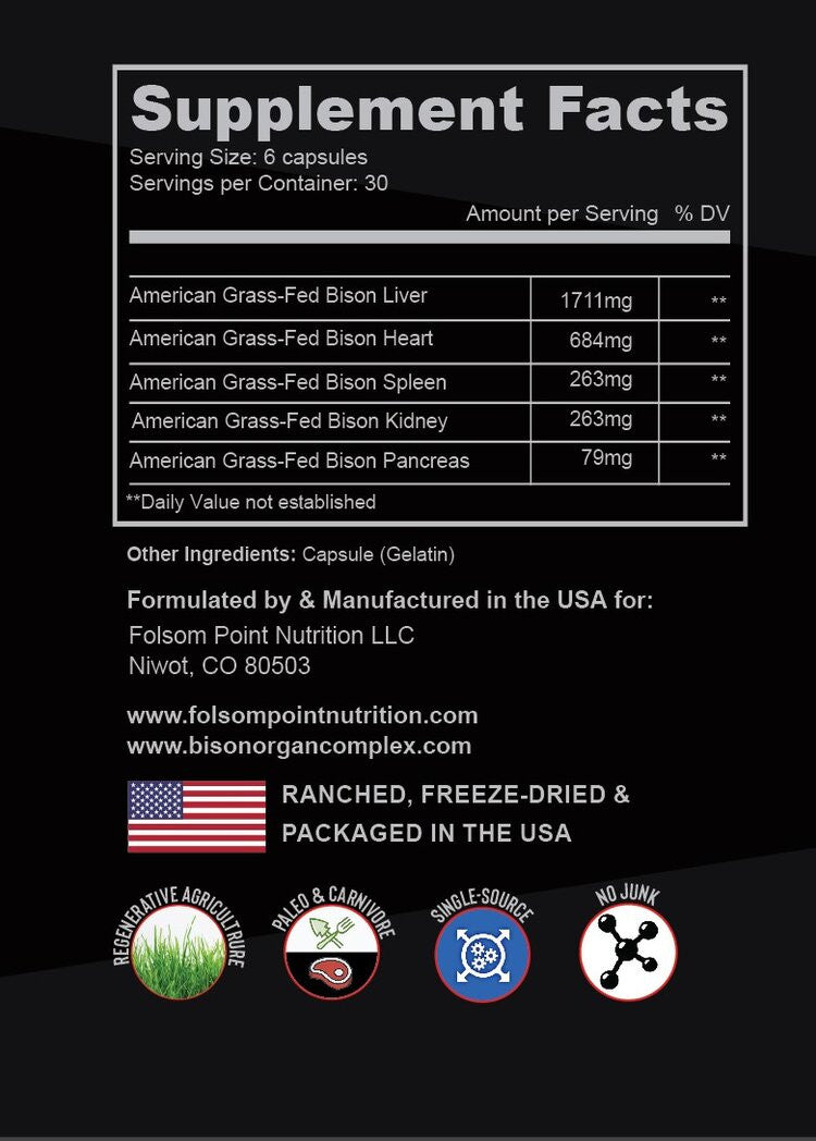 A black and white label showing the ingredients of Paleo Plex (Grass-Fed Bison Liver & Organ Complex) by Folsom Point Nutrition.