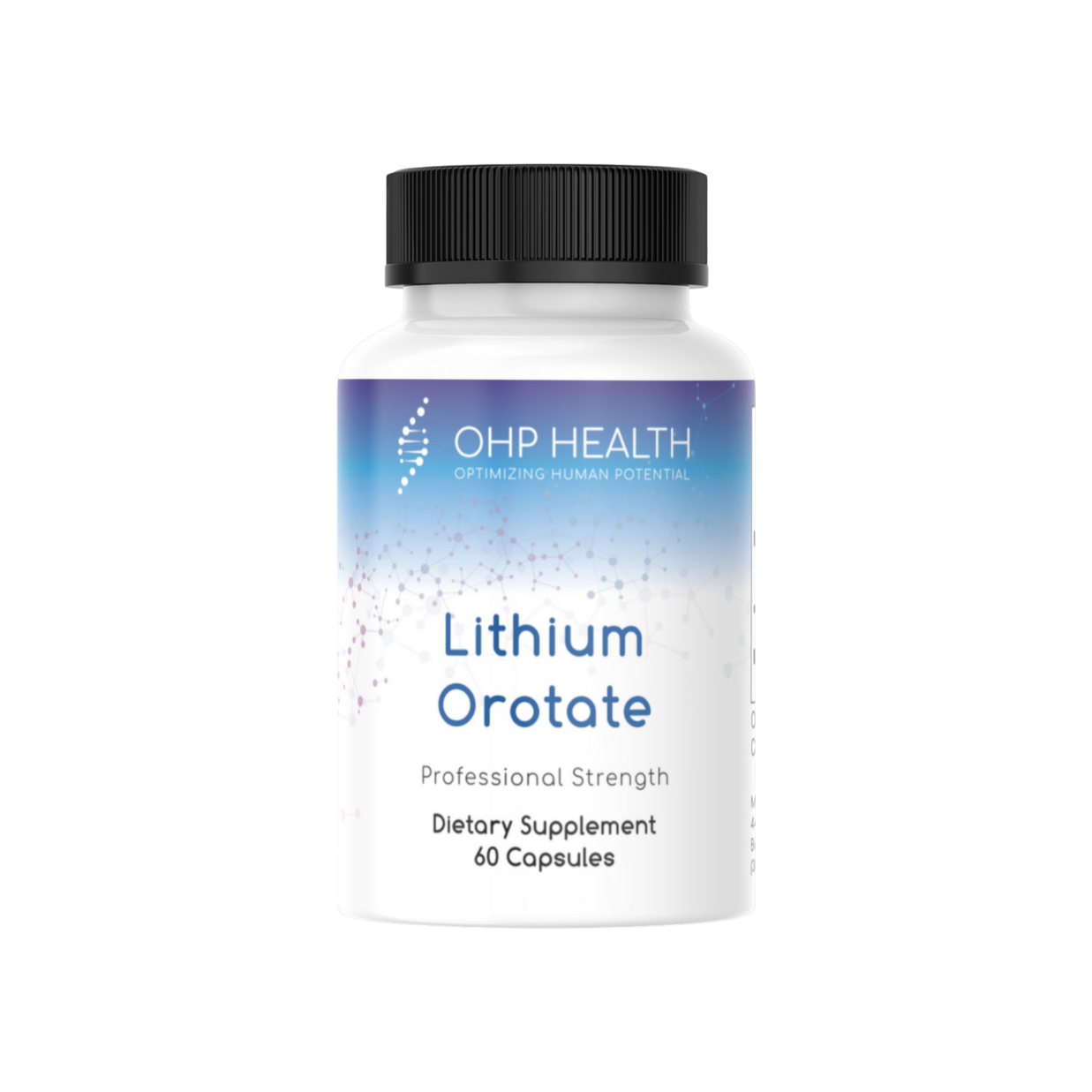 A bottle of Lithium Orotate | 10mg, 60 caps from OHP Health.