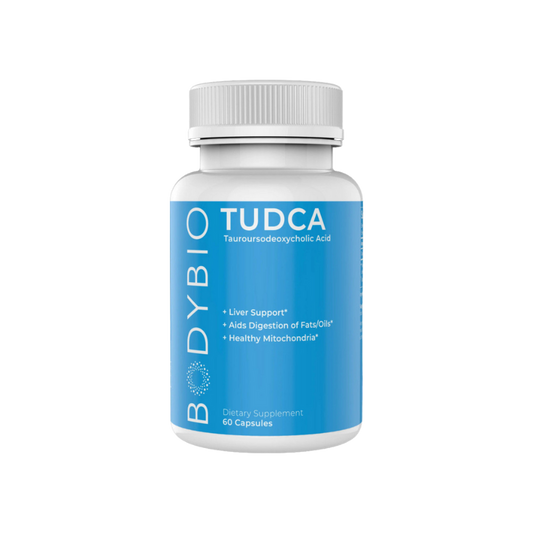 A bottle of TUDCA | 60 count by BodyBio on a black background.