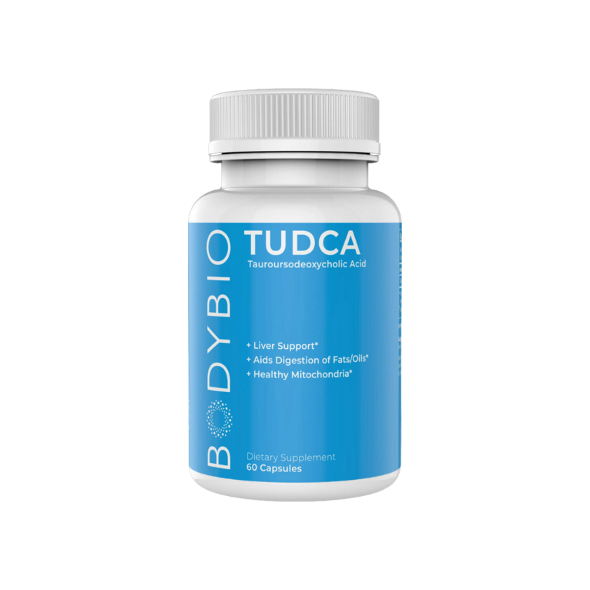 A bottle of TUDCA | 60 count by BodyBio on a black background.