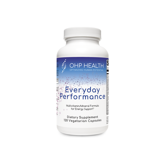 The Everyday Performance 120c dietary supplement by OHP Health, designed to support energy and overall wellness, includes 120 vegetarian capsules.