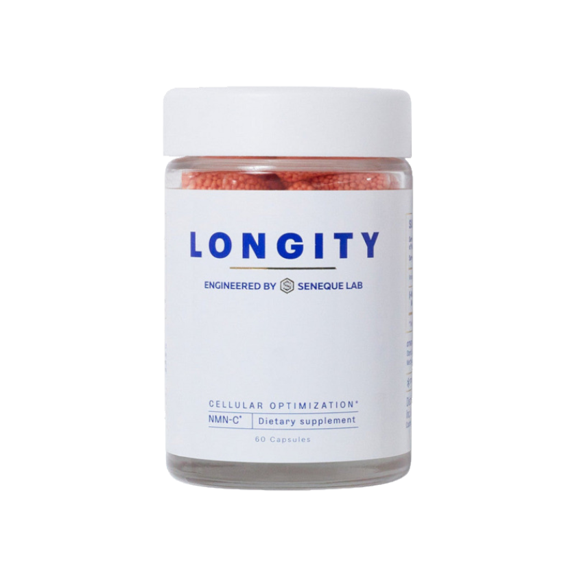 A jar of Longity Supplements on a black background.
