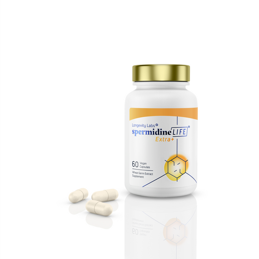 A bottle labeled "spermidineLIFE® Extra+ 1300mg Dietary Supplement" from Longevity Labs, Inc., containing 60 vegan capsules with the CelVio® Complex for enhanced spermidine supplementation. Three capsules are placed next to the bottle on a white surface.
