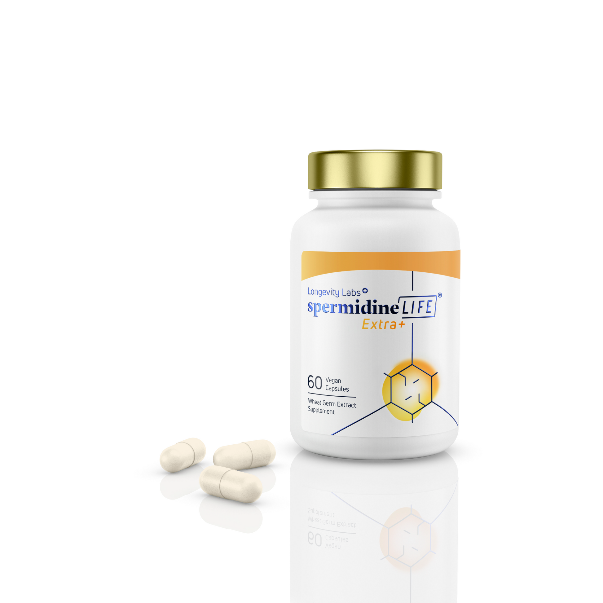 A bottle of OHP Health's spermidineLIFE® Extra+ 1300mg Dietary Supplement for longevity, displayed with pills on a white background.