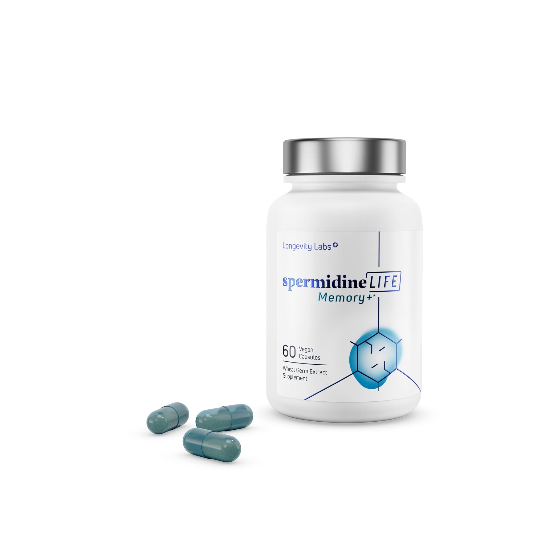 A bottle of the Longevity Labs' spermidineLIFE® Memory+ 800mg Dietary Supplement, known to promote lifespan and OHP health, placed next to a bottle of water.