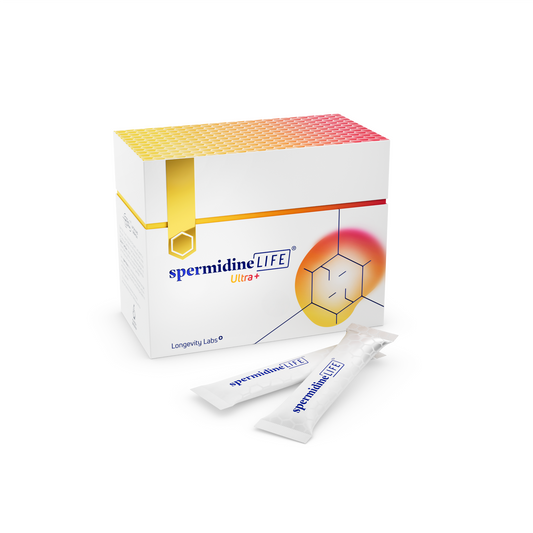 A box with a tablet and a box of spermidineLIFE® Ultra+ 2150mg Dietary Supplement by Longevity Labs, Inc.